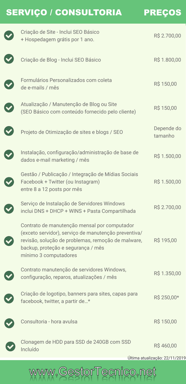 Valores dos serviços e consultoria. tabela-de-precos-servicos