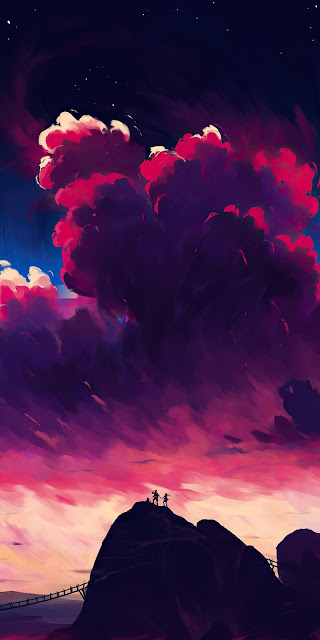 Sunset, Clouds, Night sky, Travelers, Hill, Art Sunset, Clouds, Night sky, Travelers, Hill, Art