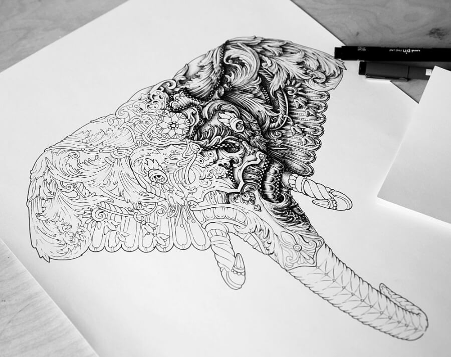 09-Elephant-WIP-Alex-Konahin-Super-Detailed-Ink-Animal-Drawings-www-designstack-co