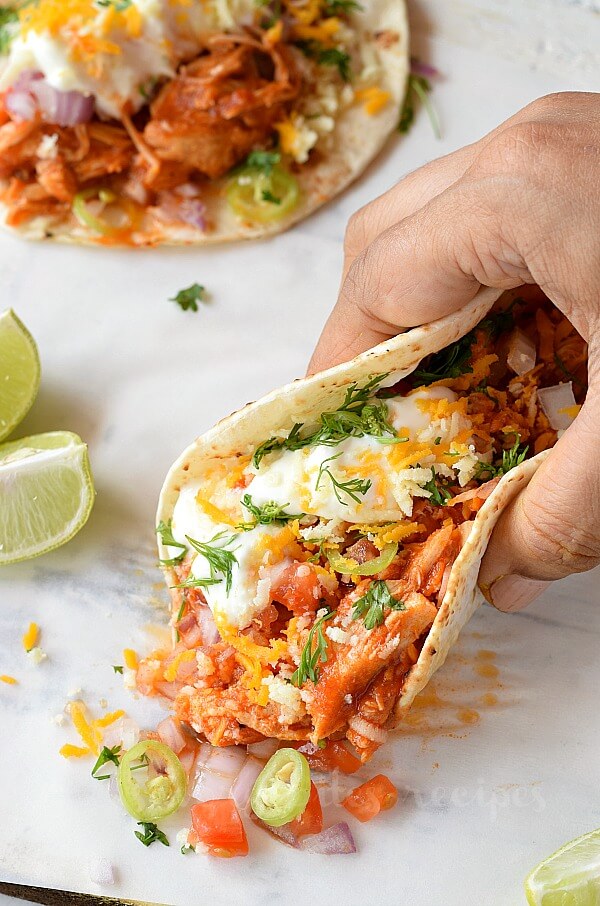 top look of mexican street tacos with shredded chicken