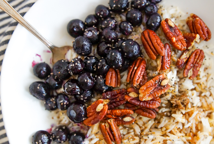 blueberry and salted pecan breakfast grain bowl