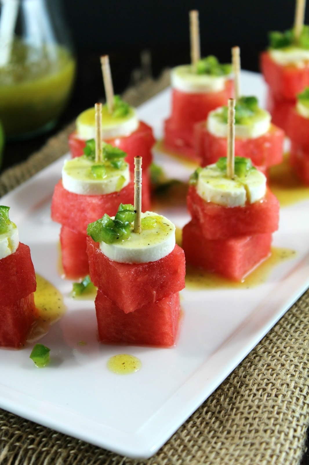 Authentic Suburban Gourmet Watermelon Bites with Jalapeno Lime Vinaigrette Friday Night Bites