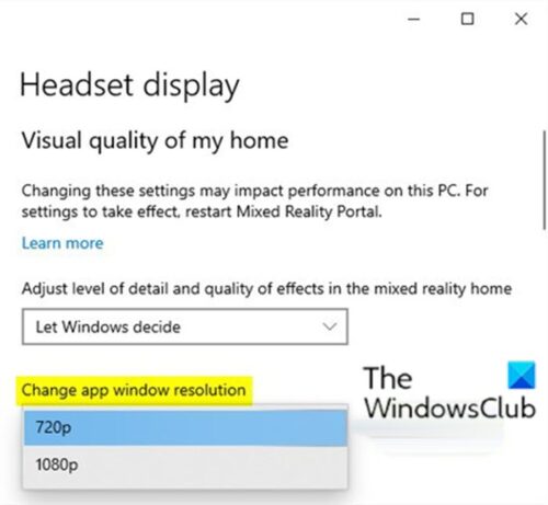 헤드셋의 혼합 현실 앱 창 해상도 변경