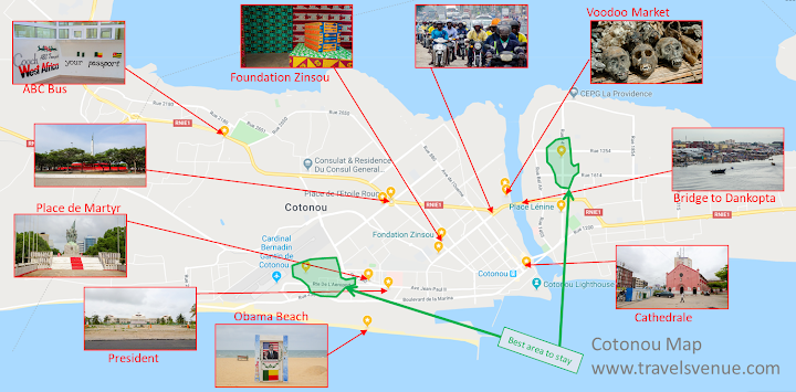 Map for Tourists and Travel with things to see in Cotonou