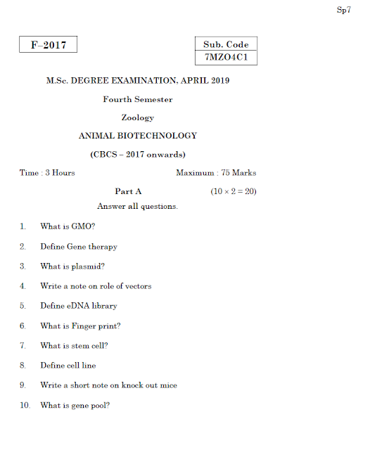 Alagappa University M.Sc.Zoology ANIMAL BIOTECHNOLOGY APRIL 2019