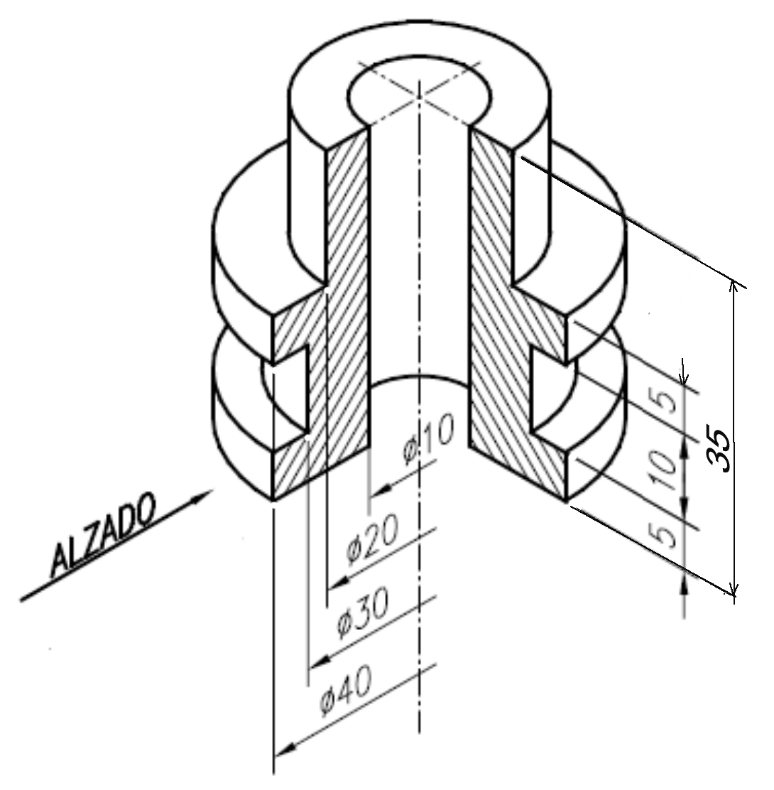 Dibujo técnico arriba 1DT2DT EVAU, PIEZA XII, sección al cuarto y Dibujo técnico arriba 1DT2DT EVAU, PIEZA XII, sección al cuarto y