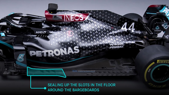 The 2021 Mercedes-AMG F1 W12 E Performance - sealing up the slots in the floor around the bargeboards
