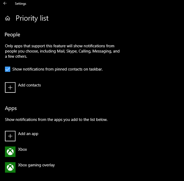 Opzione Focus Assist per persone, app Windows 10