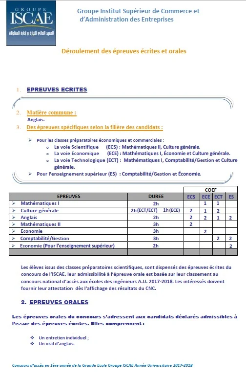 Programme des épreuves écrites ISCAE المعهد العالي للتجارة و إدارة المقاولات