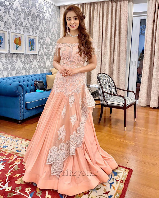 Musskan Sethi Glamorous Princess Look in a skin tone dress