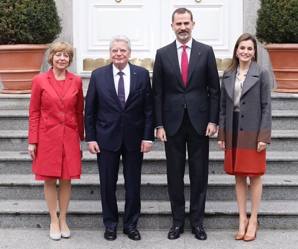 Queen Letizia wore Hugo Boss Colorina Wool Blend Cashmere Striped Coat and Boss Malivi Wool Blend Cashmere Striped Skirt, Uterque high heel shoes