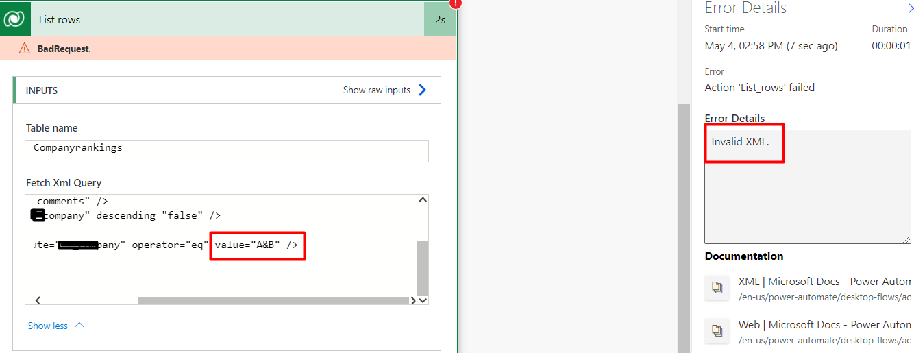 Invalid XML For List Rows In Cloud Flow Invalid XML For List Rows In Cloud Flow
