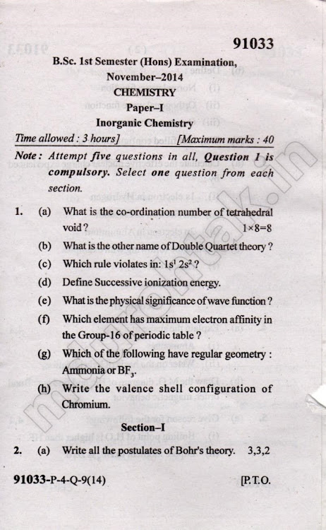 Download Inorganic Chemistry - Question paper - bsc hons chemistry 1st sem paper 1 - for free