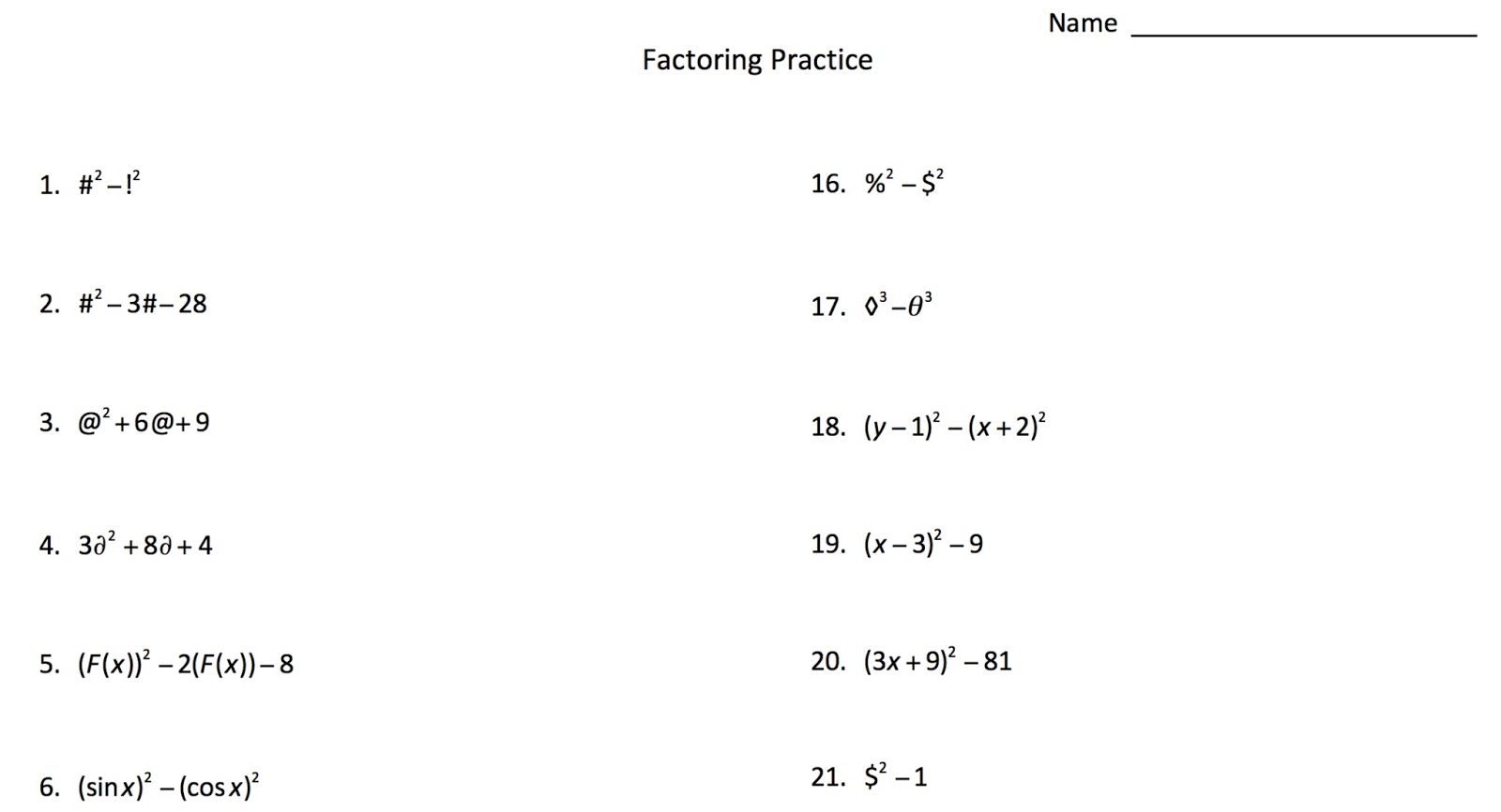 Factoring with Symbols  Mrs. E Teaches Math With Regard To Algebra 2 Factoring Worksheet