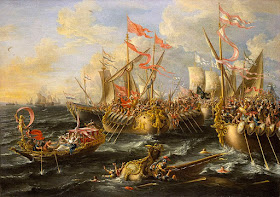 The Battle of Actium, as depicted by the 17th century Flemish painter Laureys a Castro