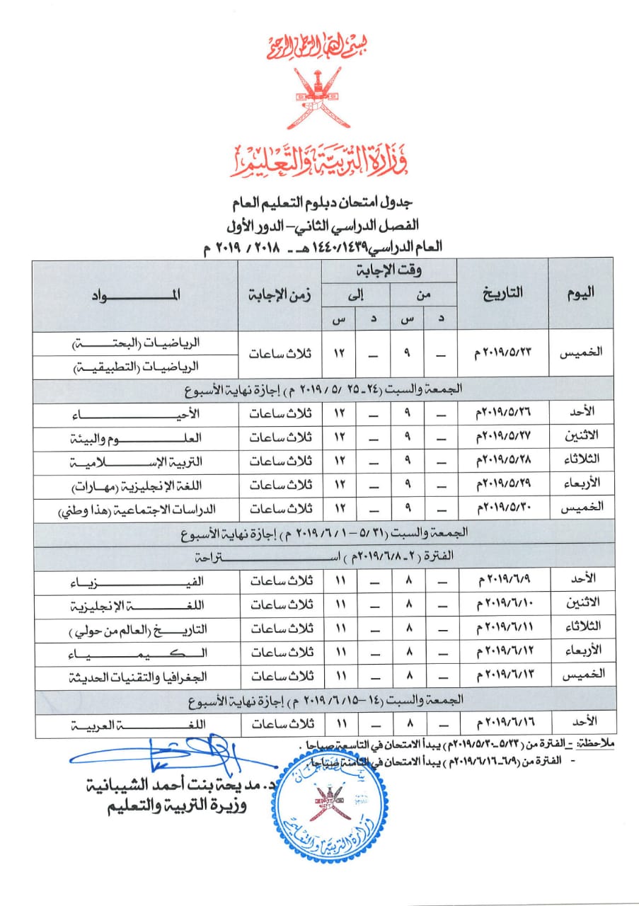 جدول اختبارات الثاني عشر سلطنة عمان 2018 2019 الفصل الثاني الدبلوم العام
