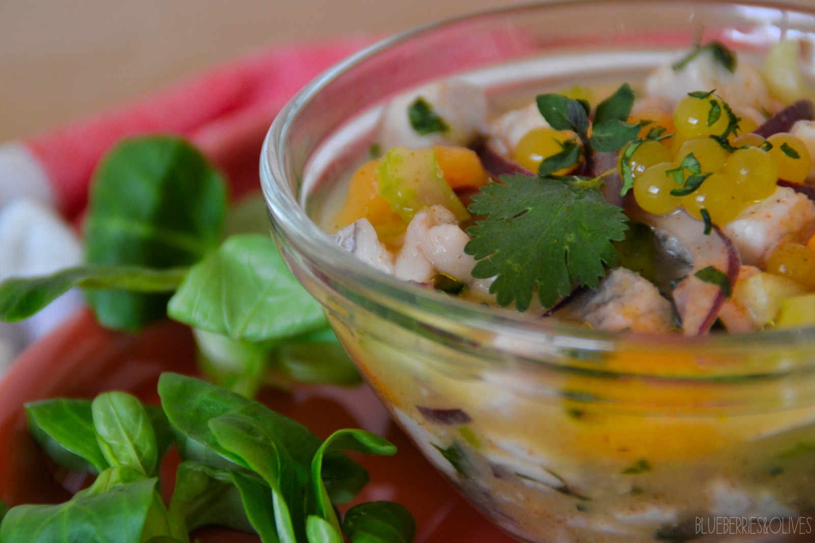 BLUEBERRIES AND OLIVES CROAKER FISH CEVICHE WITH LOQUATS AND CITRUSES