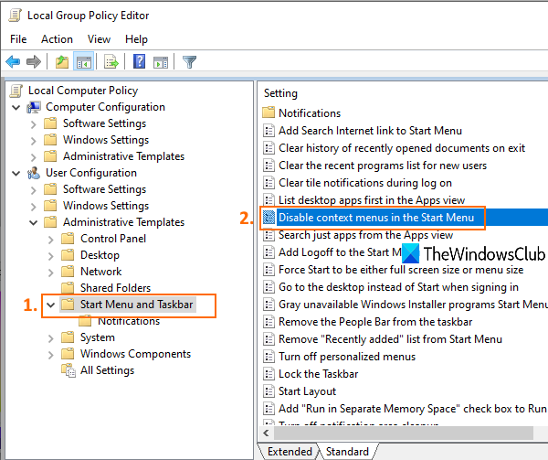 Désactiver le menu contextuel du clic droit dans le menu Démarrer de Windows 10