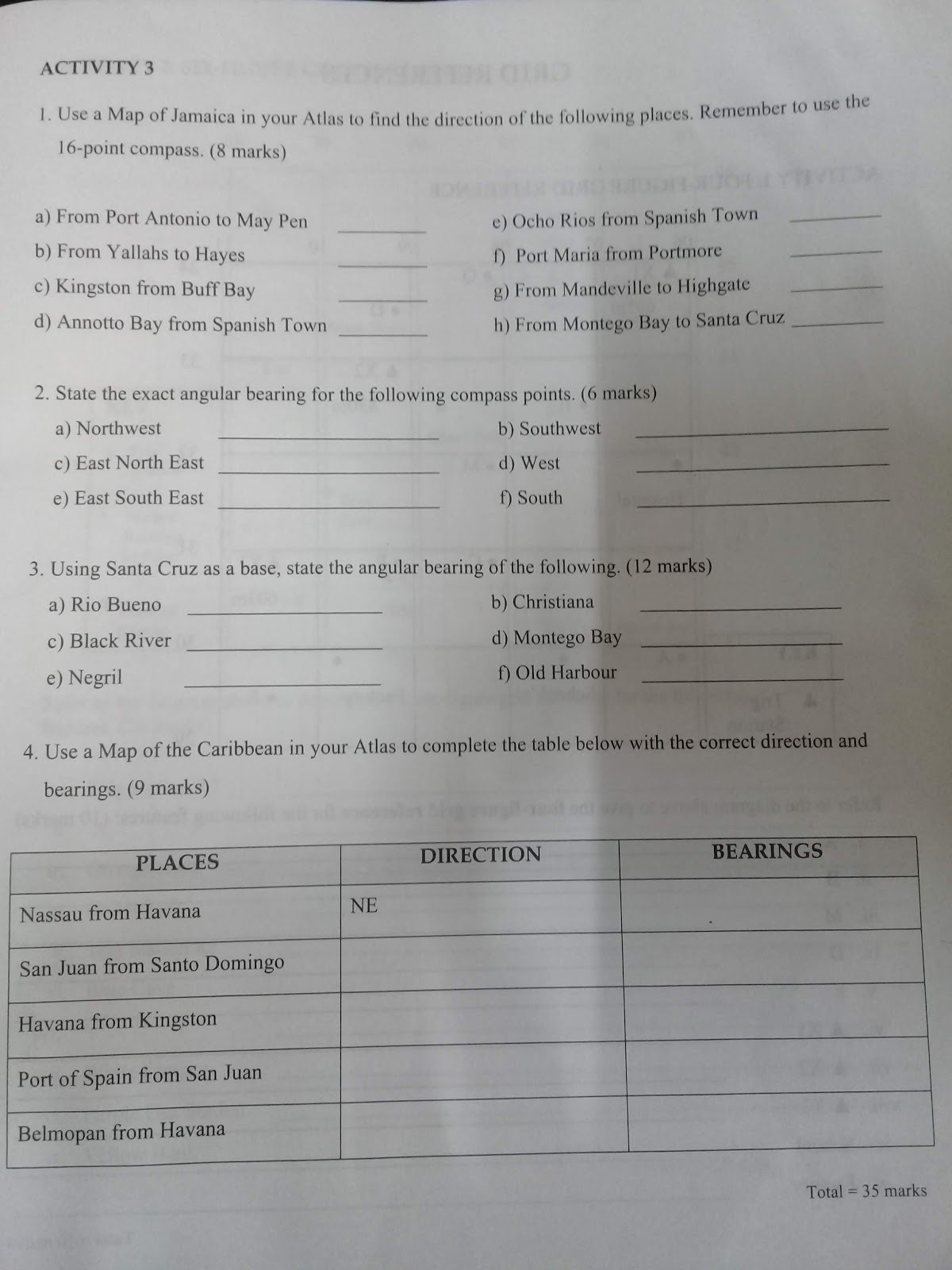 Compass Direction and Angular Bearing Worksheets