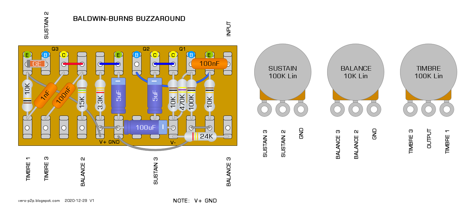 Guitar Effects - Vero - Point to Point - Tag Board Layouts: BALDWIN-BURNS:  Buzzaround, Tag Board Layout