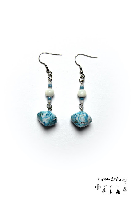 Boucles oreilles pâte polymère encres piñata bleu doré vert blanc Stenna Création Fimo Cernit