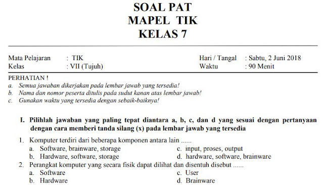 3 Paket Soal UKK PAT TIK Kelas 7 Kurikulum 2013 + Kunci