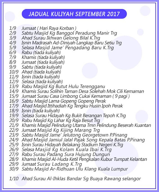 Jadual Kuliah Ustaz Azhar Idrus (UAI) September 2017