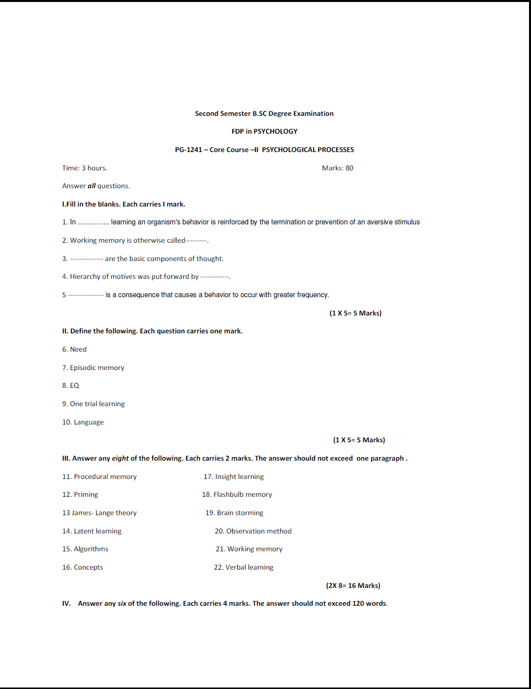 Kerala University BSc Psychological Processes 2016 Question Paper University Question Papers