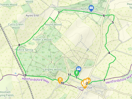 Map for Walk 90: Heartwood Forest Loop Created on Map Hub by Hertfordshire Walker Elements © Thunderforest © OpenStreetMap contributors There is an interactive map below the directions