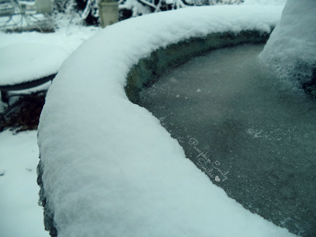 A frozen bird bath with snow covering it