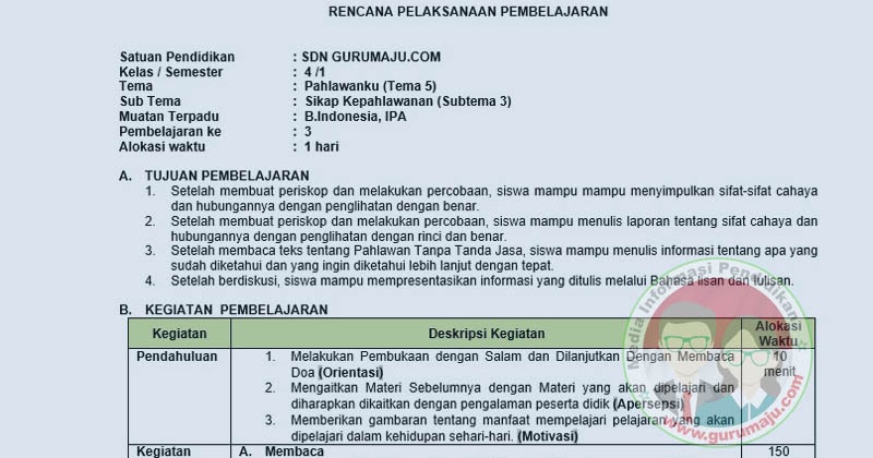 RPP 1 LEMBAR KELAS 4 SEMESTER 1 TEMA 5 REVISI 2020 GURU MAJU RPP 1 LEMBAR KELAS 4 SEMESTER 1 TEMA 5 REVISI 2020 GURU MAJU