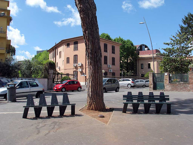 Benches in piazza di Sant'Eurosia, Garbatella, Roma