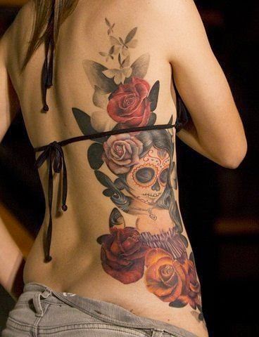 Women Back Skull Rose Tattoos, Rose Skull Women Back Tattoos, Skull Rose on Women Back, Women, Parts,