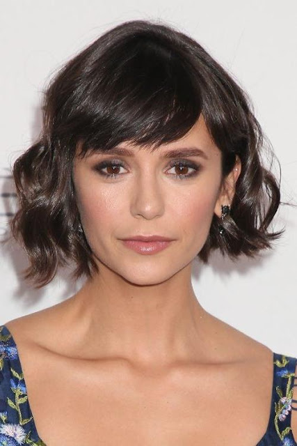 Wavy Black With Brunette Highlights Bob With Bangs