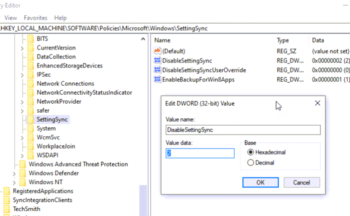 método de registro para habilitar la sincronización de la configuración de Windows 10