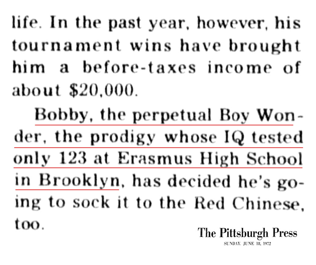 Bobby Fischer History Notes: Bobby Fischer's IQ of 123 Tested by