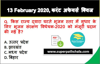 Daily Current Affairs Quiz in Hindi 13 February 2020 Daily Current Affairs Quiz in Hindi 13 February 2020