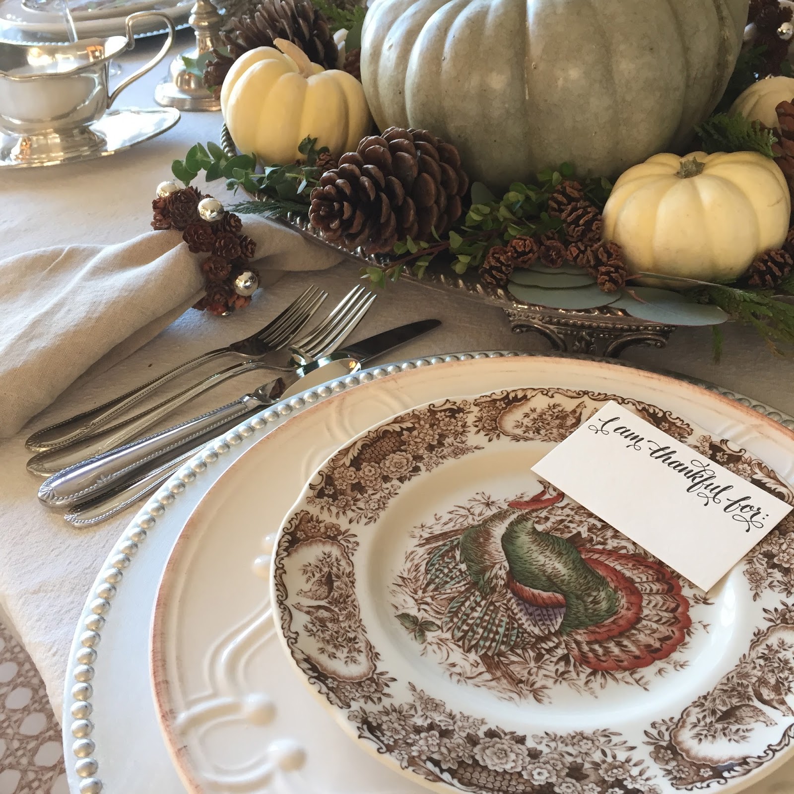 Maison de Cinq: Thanksgiving Tablescape with Pinecones and Pumpkins