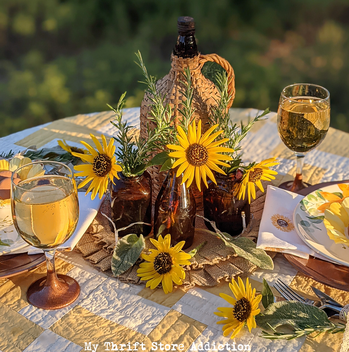 French macarons and champagne in the garden fall table