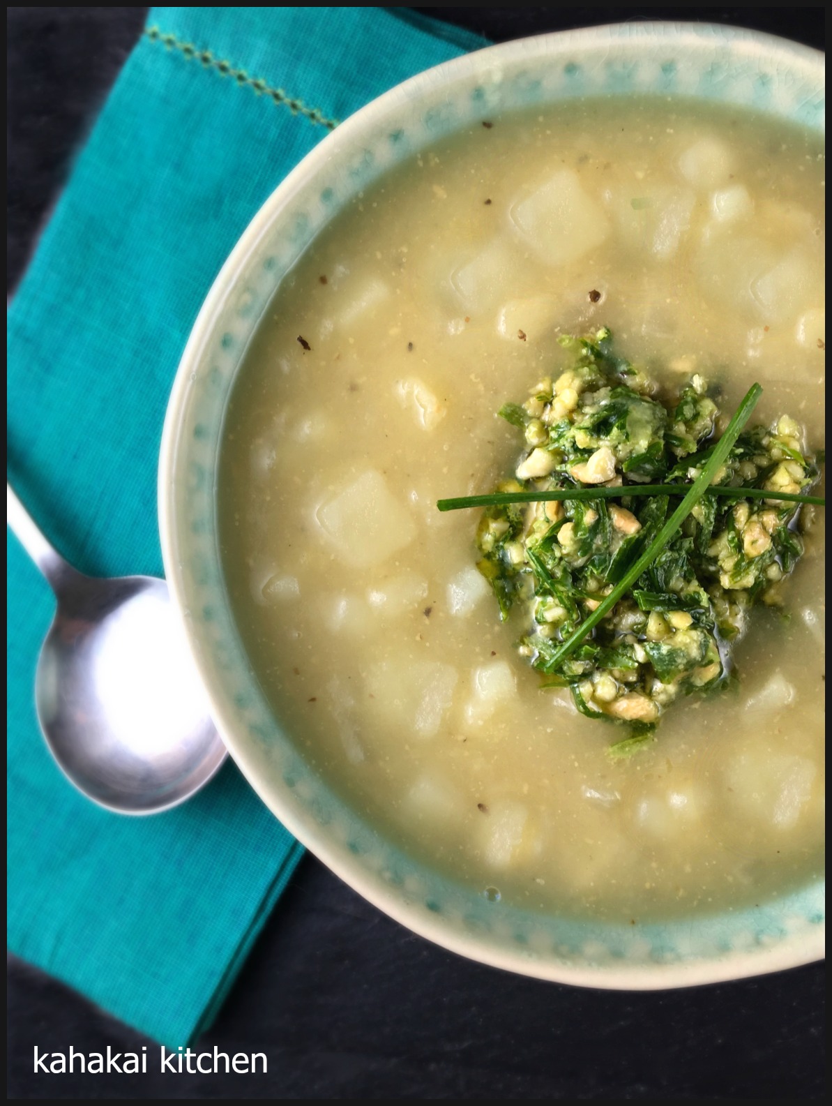 Kahakai Kitchen Creamy Potato Soup with Chive Pesto for Souper Sundays (Yep, We Are Back with a