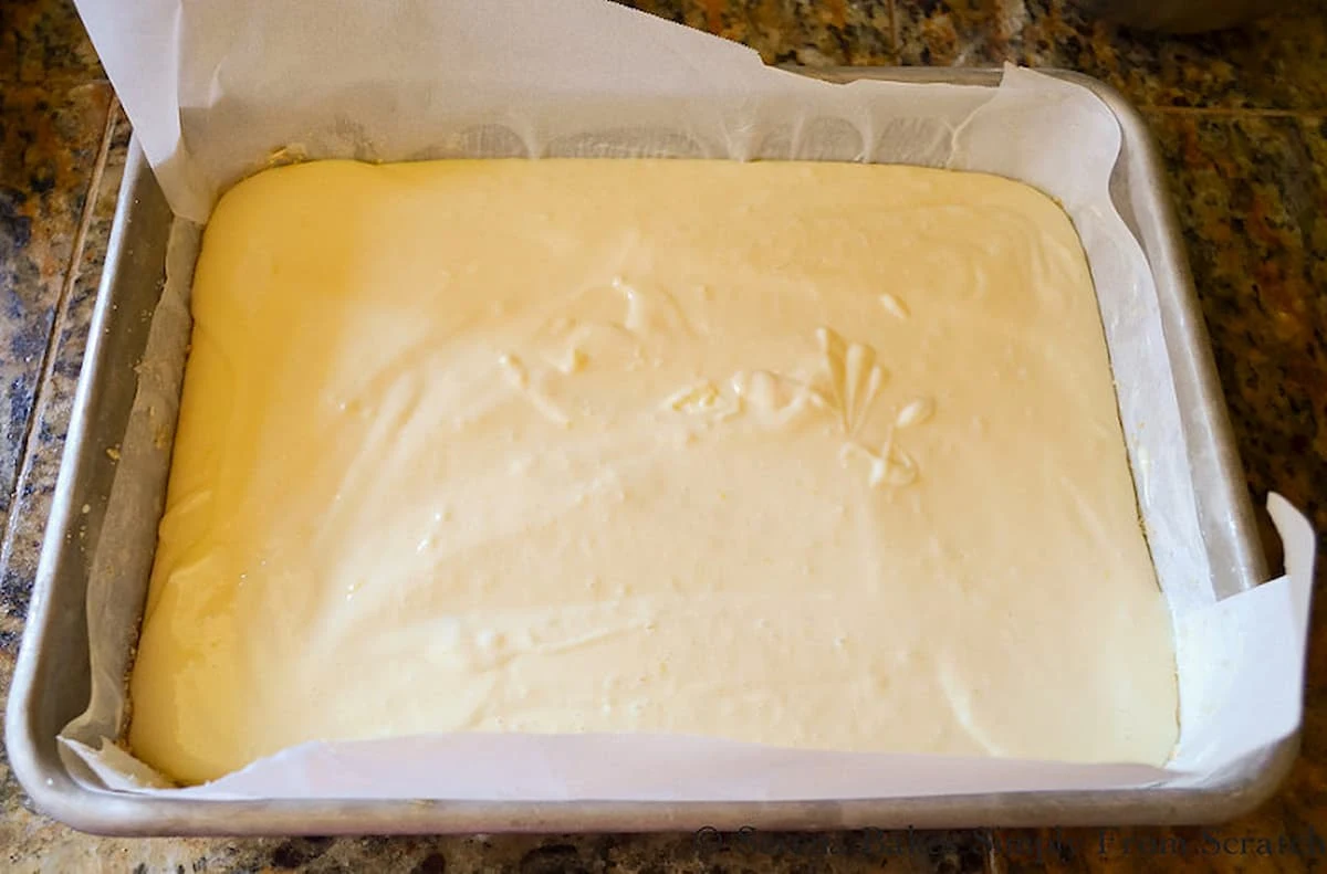 Lemon Cheesecake filling mixture poured over the top bottom crumb crust.