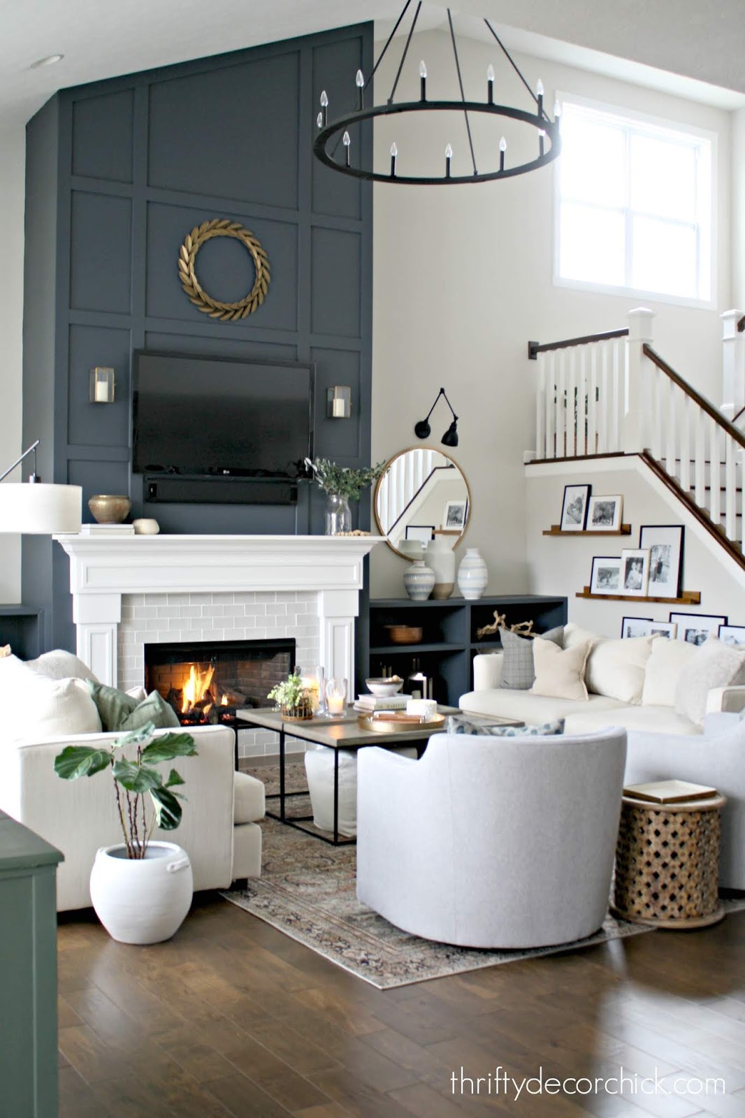 Dark blue tall fireplace updates