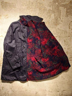 Engineered Garments Reversible Coat in Dk.Navy CL Coated Canvas with Dk.Navy/Red Wool Floral Jacquard Combo