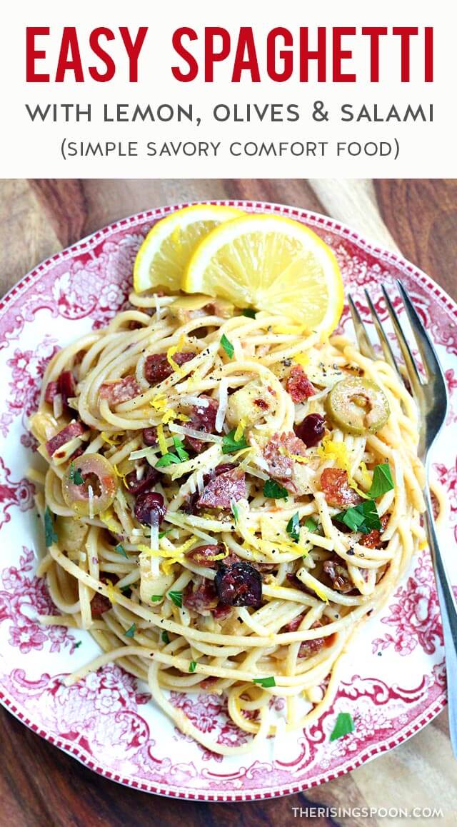 Looking for a quick & easy dinner that's jam-packed with flavor? Fix this spaghetti recipe in only 30 minutes with simple pantry & fridge ingredients like lemon, olives, salami, sun-dried tomato, artichokes, garlic, butter & Parmesan cheese. If you love savory, salty & tangy food, you'll be in comfort food heaven eating this!