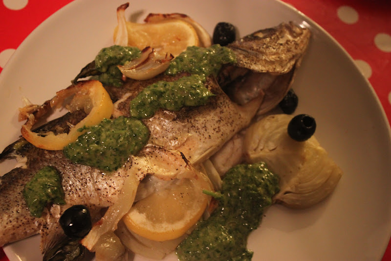 Culinary Conquests Whole Sea Bass with Roasted Fennel and Salsa Verde