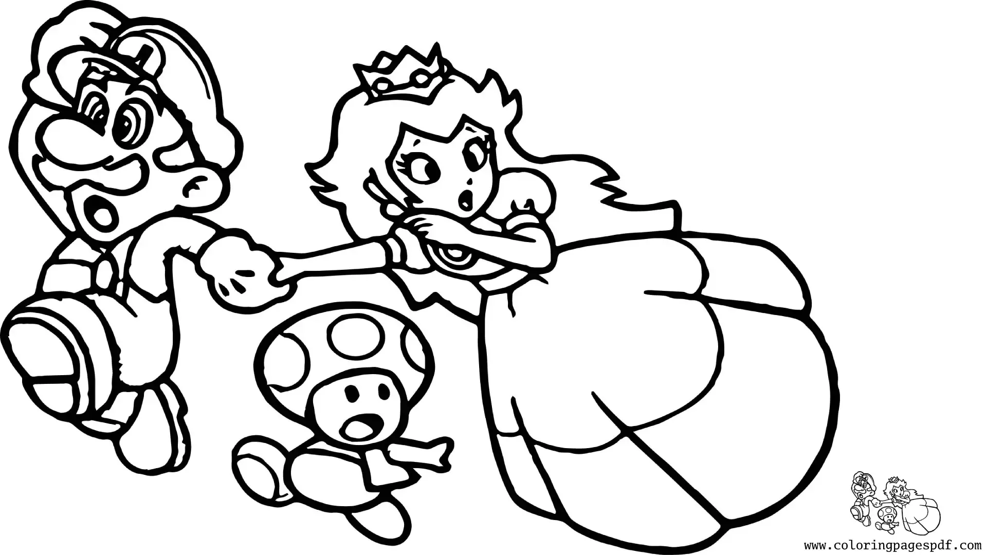 Coloring Page Of Mario, Toad, And Peach Running