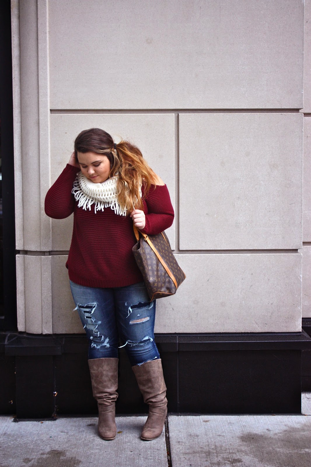 infinity scarf, fall colors, fall style, fall fashion, american eagle denim, forever 21, plus size fashion blogger, natalie craig, chicago, fashion blogger, natalie in the city, destroyed denim, boots, curvy fahionista, akira chicago, plus size boots, louis vuitton, side pony tail, thick hair styles, sweater cut-outs,