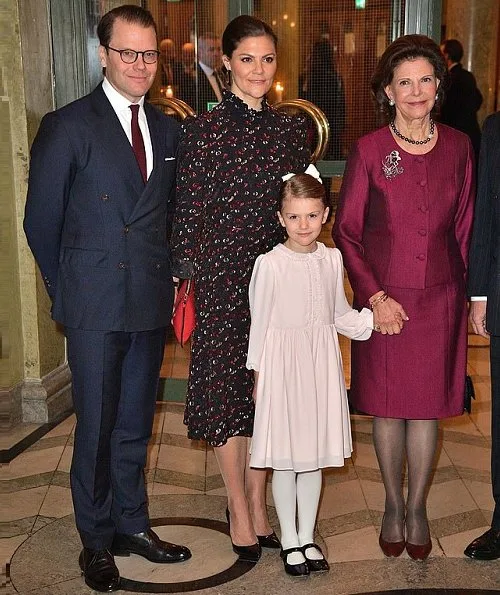 Princess Madeleine wore Erdem Aleena floral matelassé dress. Crown Princess Victoria, Princess Estelle, Prince Carl Philip, Princess Sofia