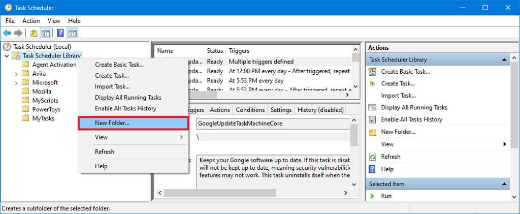 Windows 10'da paylaşılan ağ klasöründe ForFiles komutu nasıl kullanılır 2 taskscheduler new folder option