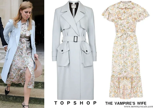 Princess Beatrice wore TOPSHOP Neoprene Belted Trench Coat and The Vampire's Wife LA dress
